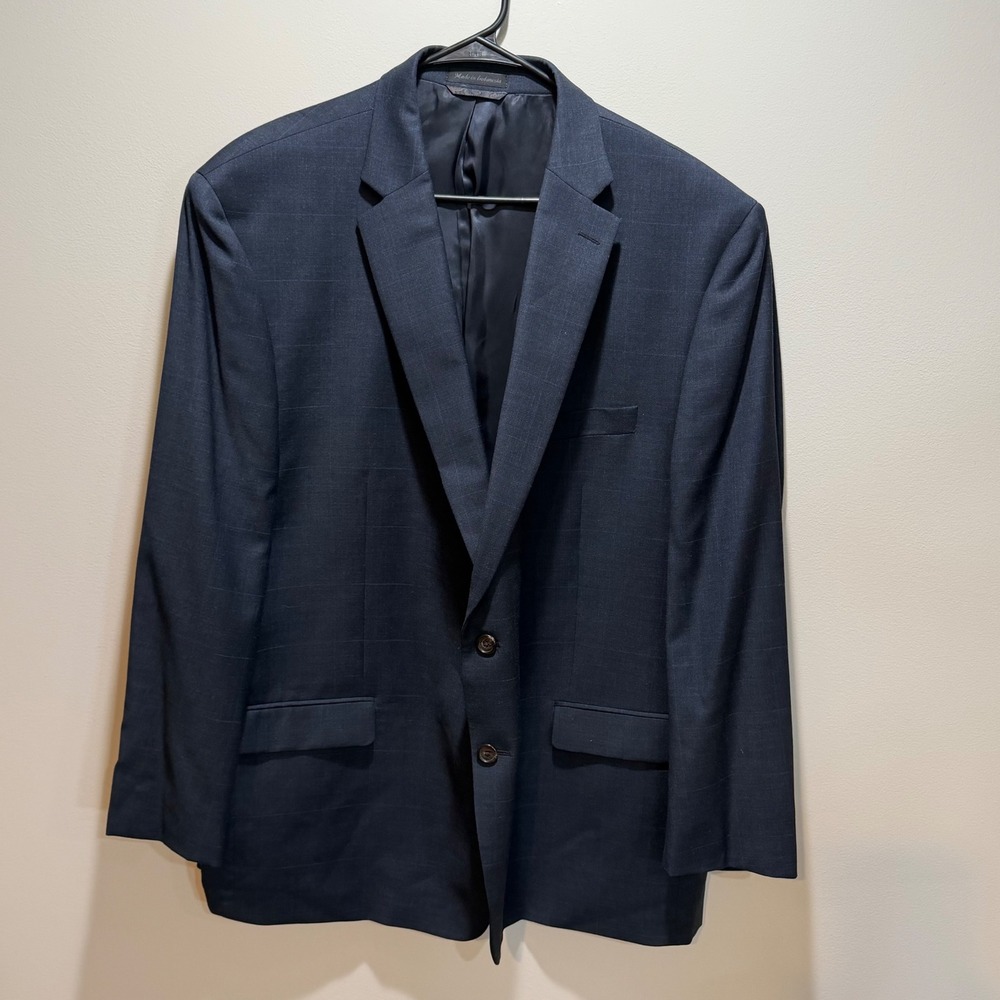 LRL Ralph Lauren Mens Navy Blue 100% Wool Windowpane Glen Plaid Suit Blazer 50R